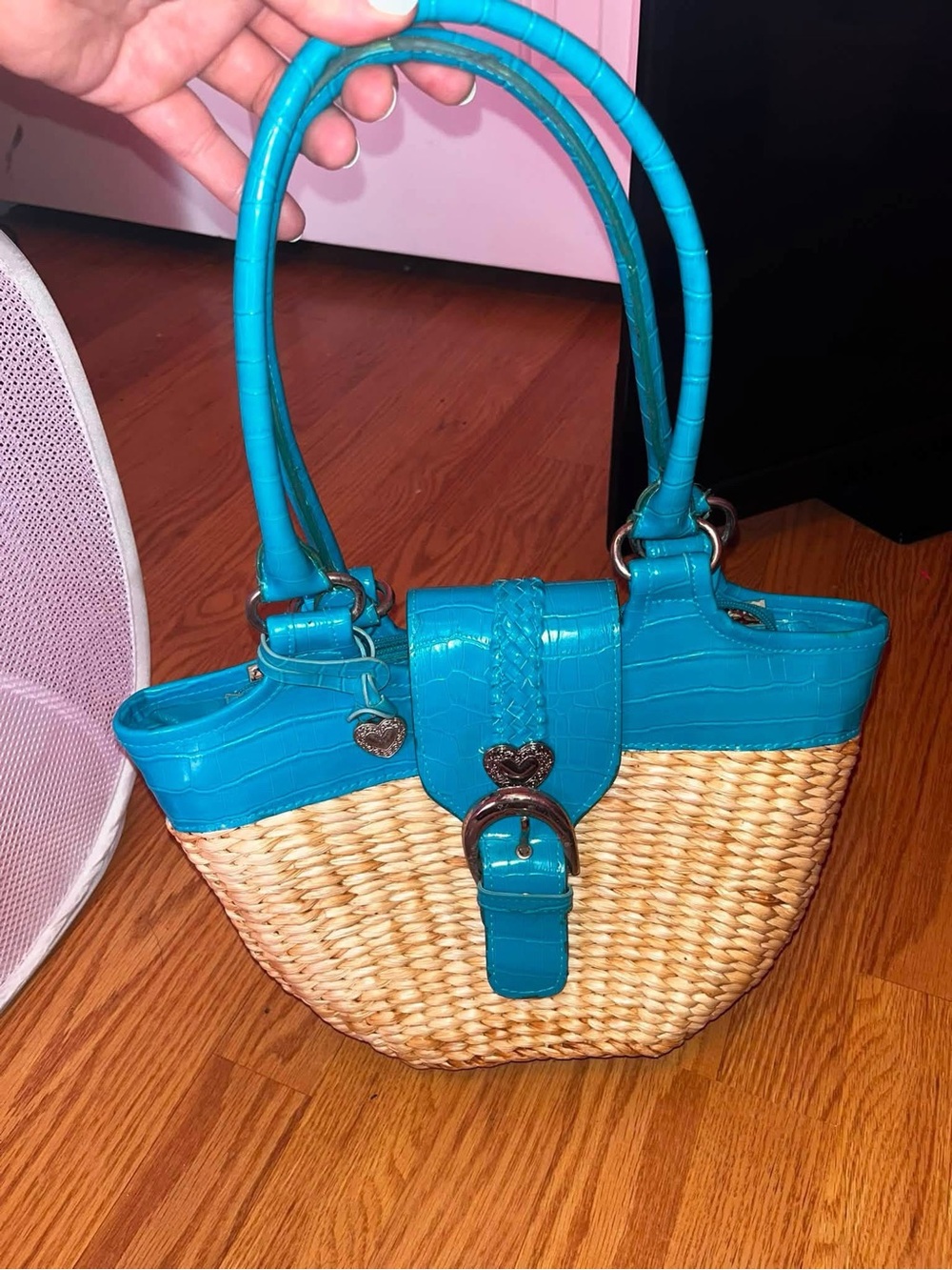 Woven Straw Tote with Turquoise Trim by